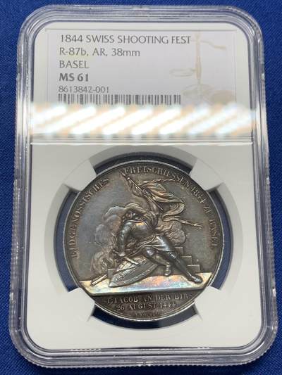 《竞宝斋》第436场 周日，周一2场连拍 （全场包邮） - NGC MS61 瑞士 1844年 巴塞尔射击节大银章 章体高浮雕 镜面精铸感强烈