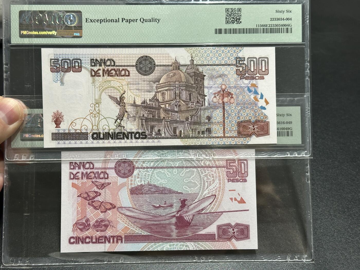 《外钞收藏家》第五百八十三期（精选场）（本期拍品丰富）（本平台长期征集拍品、欢迎藏友们联系合作） 2000年墨西哥20-500比索 五张一起 千位号全同号5559 PMG66-67