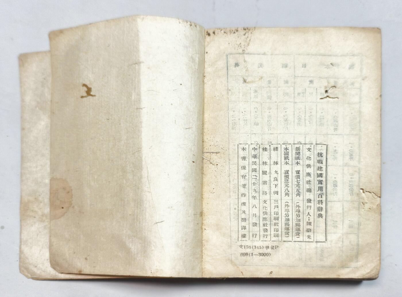 2025年吉藏纸杂文献秋季专场拍卖会 民国二十九年（1940年）桂林文化供应社 《抗战建国实用百科辞典》一册。汇聚大量抗战以来相关史料文献，以工具书的形式详细解答，便于抗战宣传查阅。书首“献给三年来在前方流血、后方流汗的民族战士”，鼓舞全民抗战士气与抗战必胜的信心。 12×16.9×2.8cm