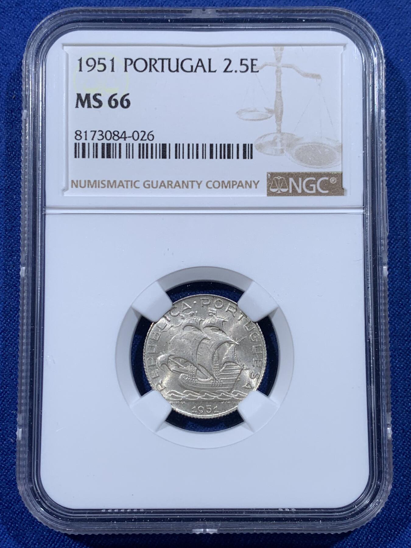 《竞宝斋》第436场 周日，周一2场连拍 （全场包邮） 三枚一组 NGC MS65/66 葡萄牙 1954/1947/1951年 帆船辅币 10/5/2.5埃斯库多银币