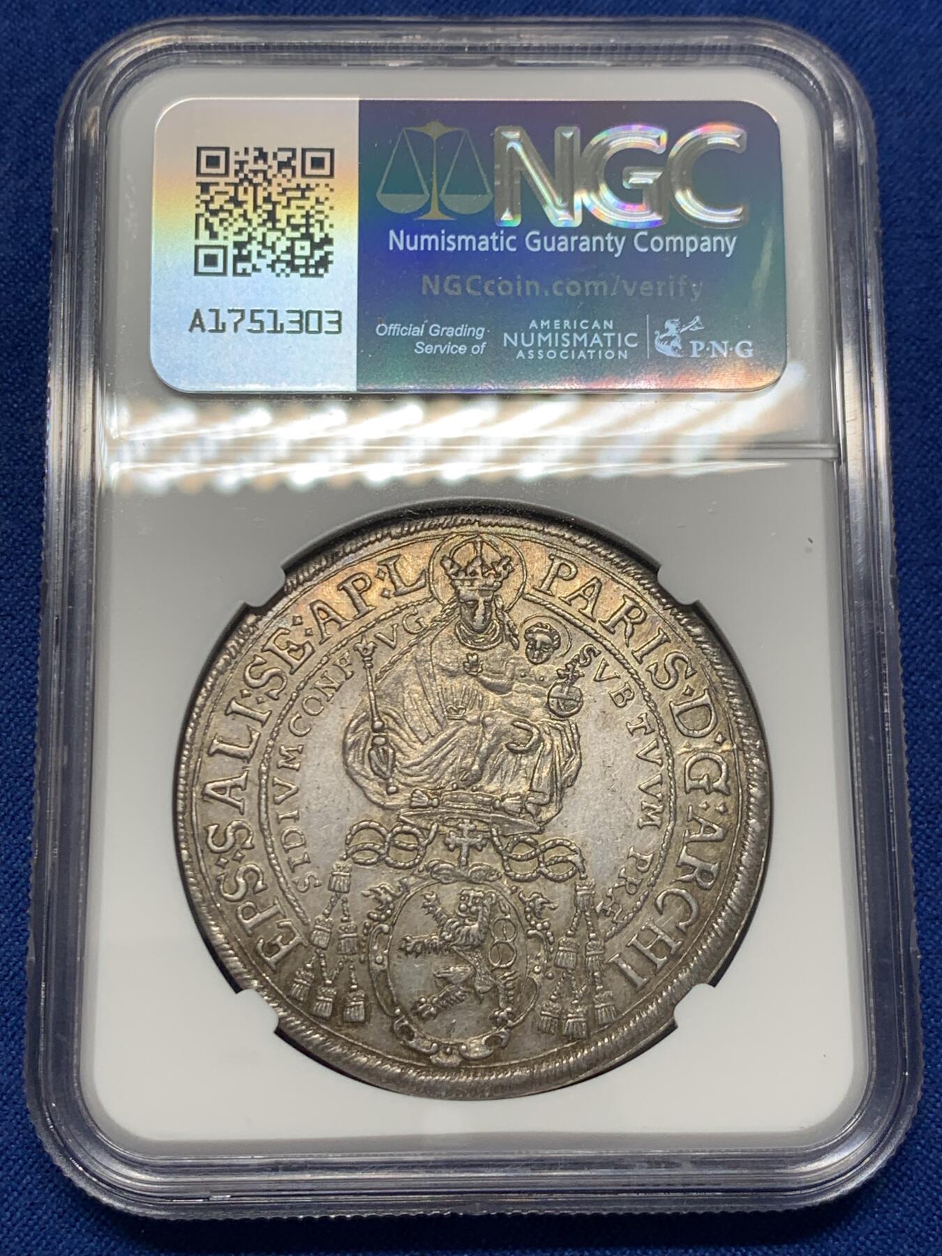 《竞宝斋》第436场 周日，周一2场连拍 （全场包邮） 唯一亚军分 NGC MS61 神圣罗马帝国 1644年 萨尔茨堡抱婴泰勒大银币 深打 反正面人物全脸 包浆也同样漂亮