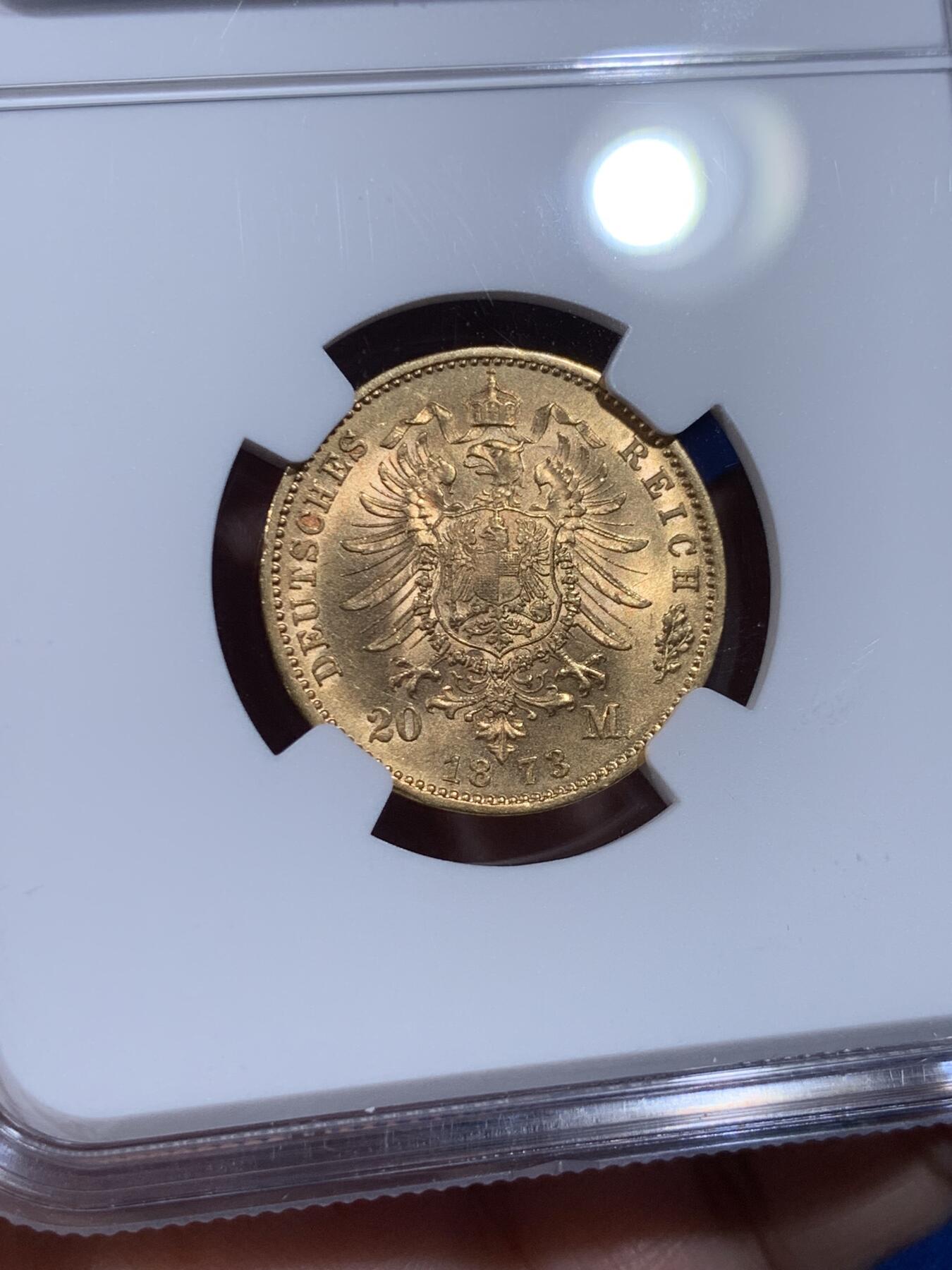 《竞宝斋》第436场 周日，周一2场连拍 （全场包邮） NGC MS63 德国1873符腾堡20马克金币 转光高分 可藏