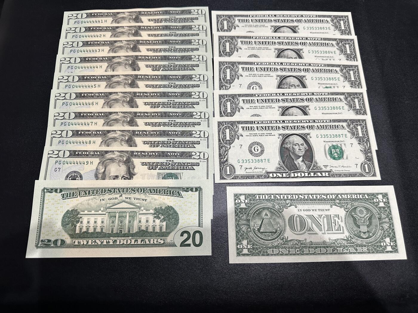 《外钞收藏家》第五百八十三期（精选场）（本期拍品丰富）（本平台长期征集拍品、欢迎藏友们联系合作） 20美和1美：20面值标十含恐龙号+1面值6连小雷达豹子8（20面值居中不错适合评PMG） 全新