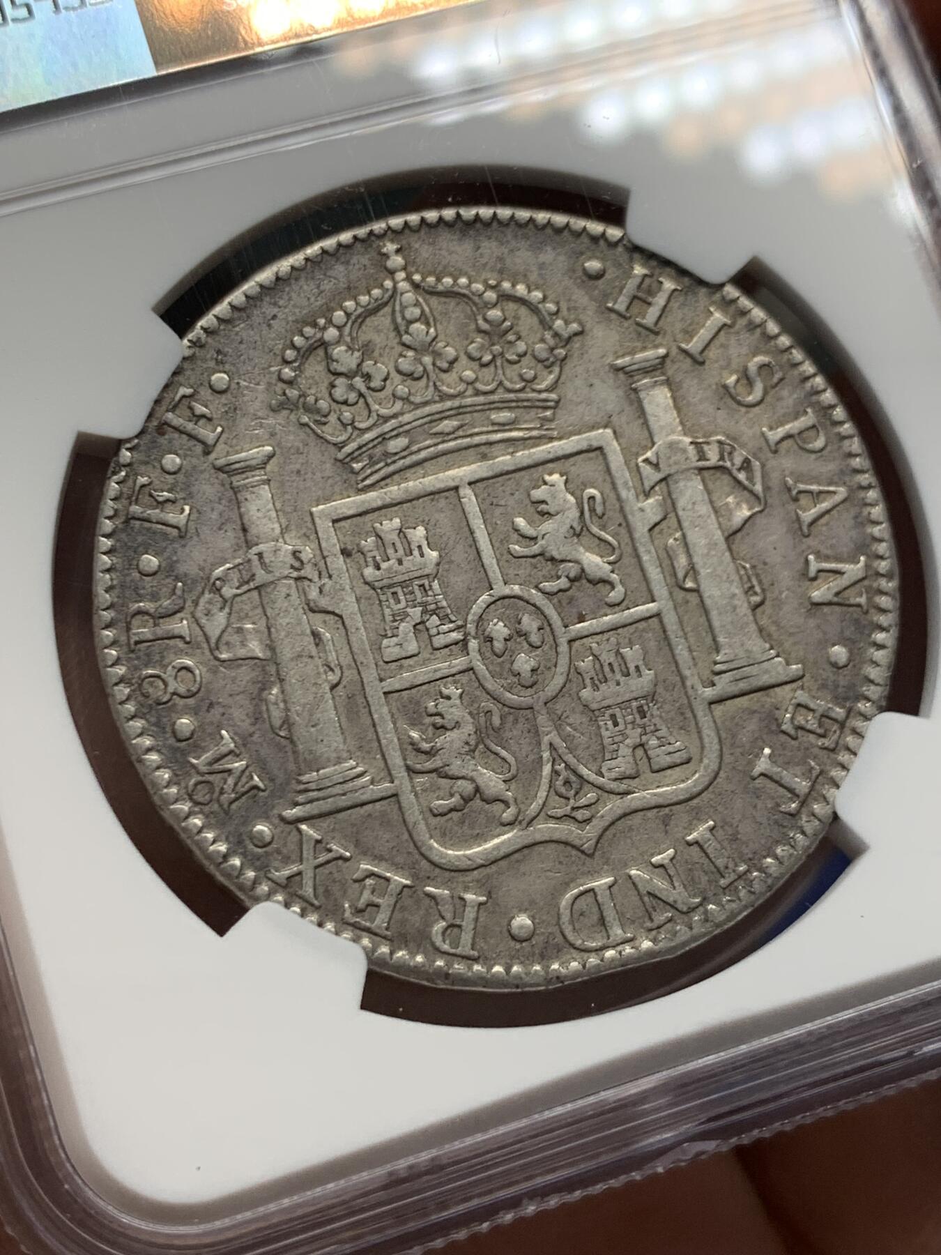 《竞宝斋》第436场 周日，周一2场连拍 （全场包邮） NGC XFD 西属墨西哥 1782年 8里亚尔 卡洛斯三世MO FF版双柱大银币 打制的很好 品相佳