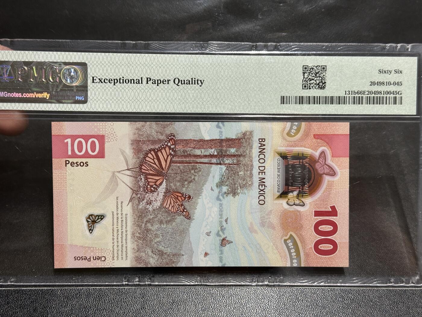 《外钞收藏家》第五百八十三期（精选场）（本期拍品丰富）（本平台长期征集拍品、欢迎藏友们联系合作） 2021年墨西哥100比索 PMG66 无47
