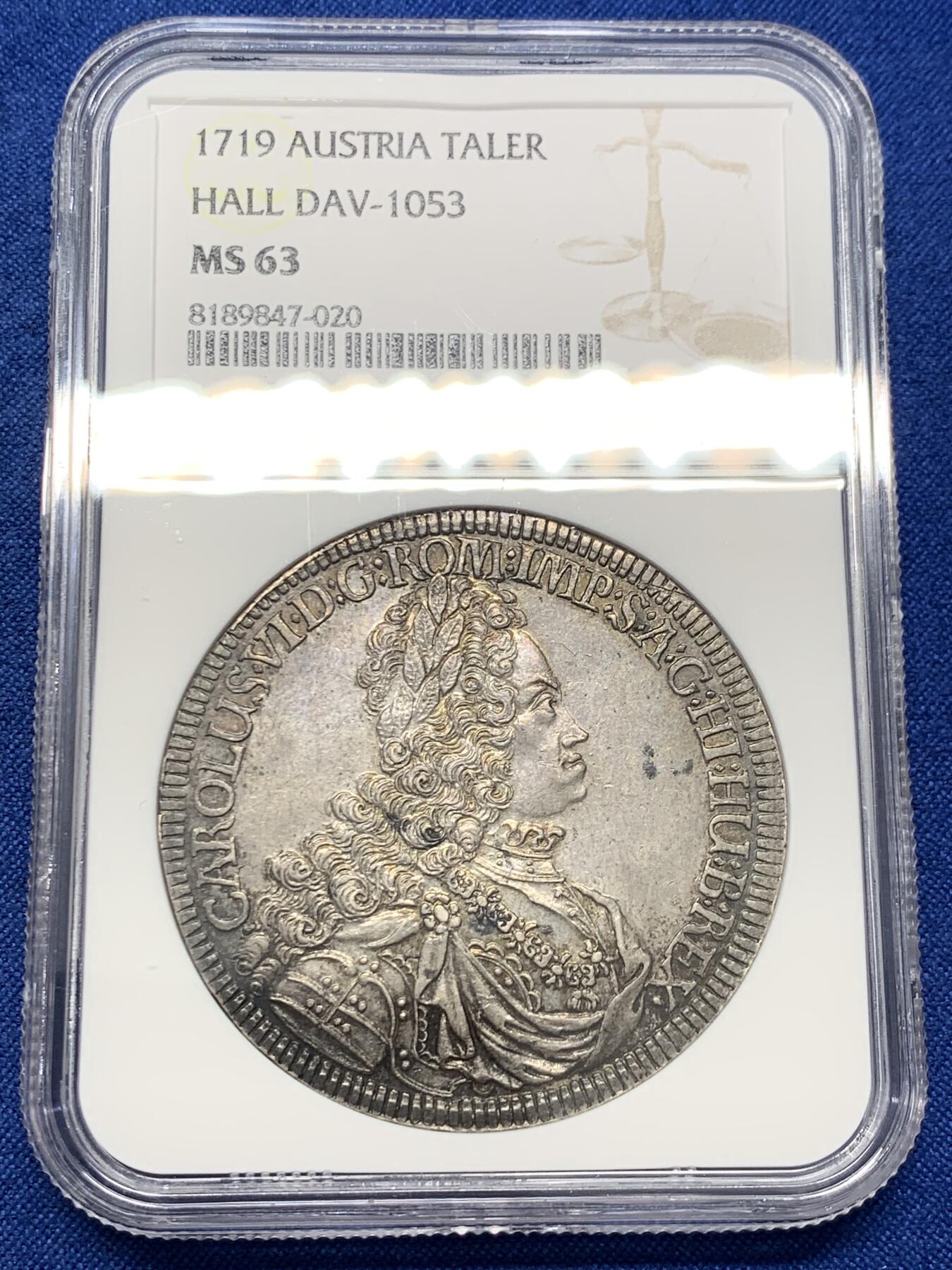 《竞宝斋》第436场 周日，周一2场连拍 （全场包邮） 亚军分 NGC MS63 神圣罗马帝国 1719年 卡尔六世 泰勒大银币 细节好 原味包浆 热门大波浪