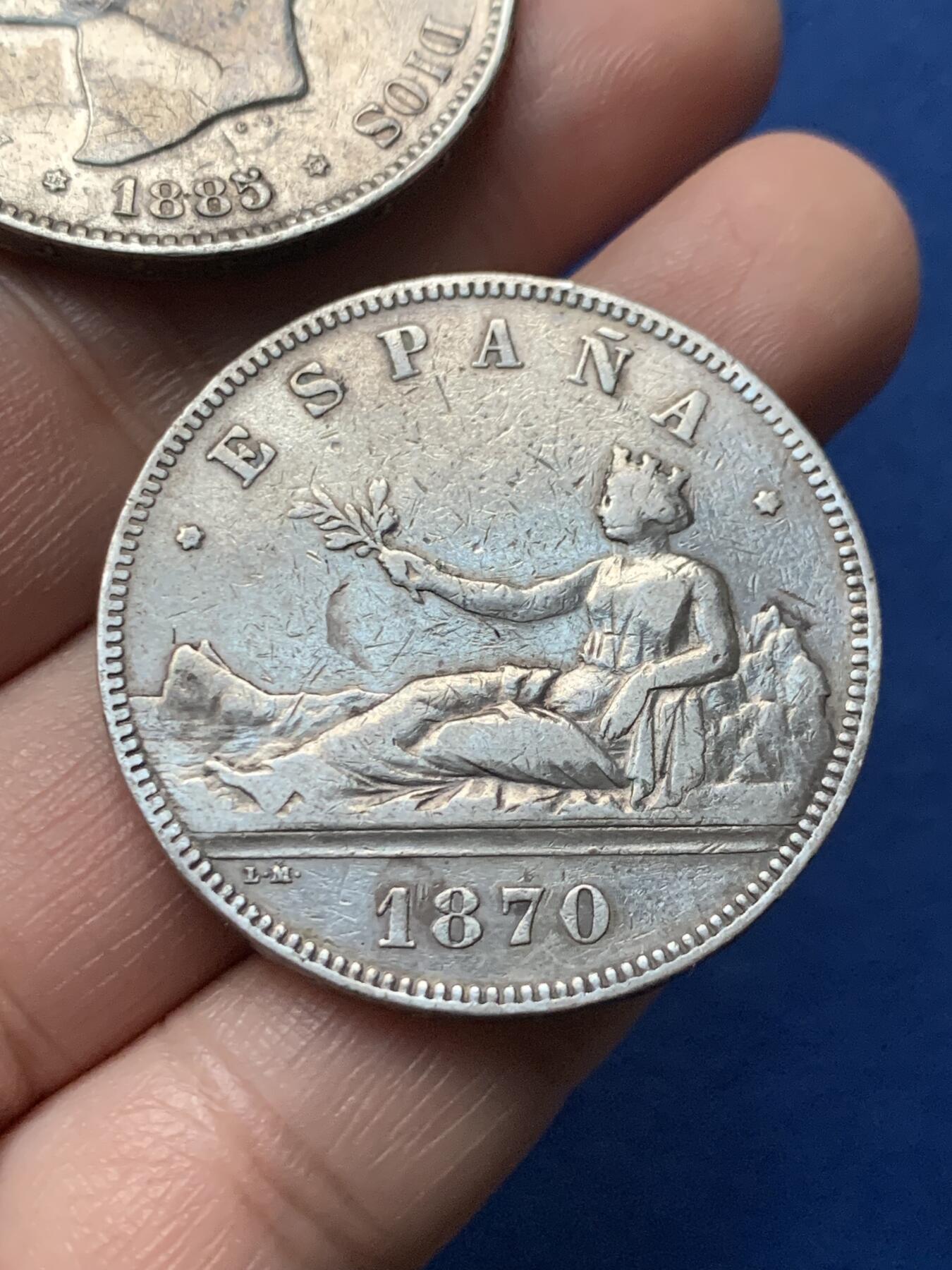 《竞宝斋》第436场 周日，周一2场连拍 （全场包邮） 两枚一组 西班牙1883年阿方索十二世 + 1870年拿花 5比塞塔大银币