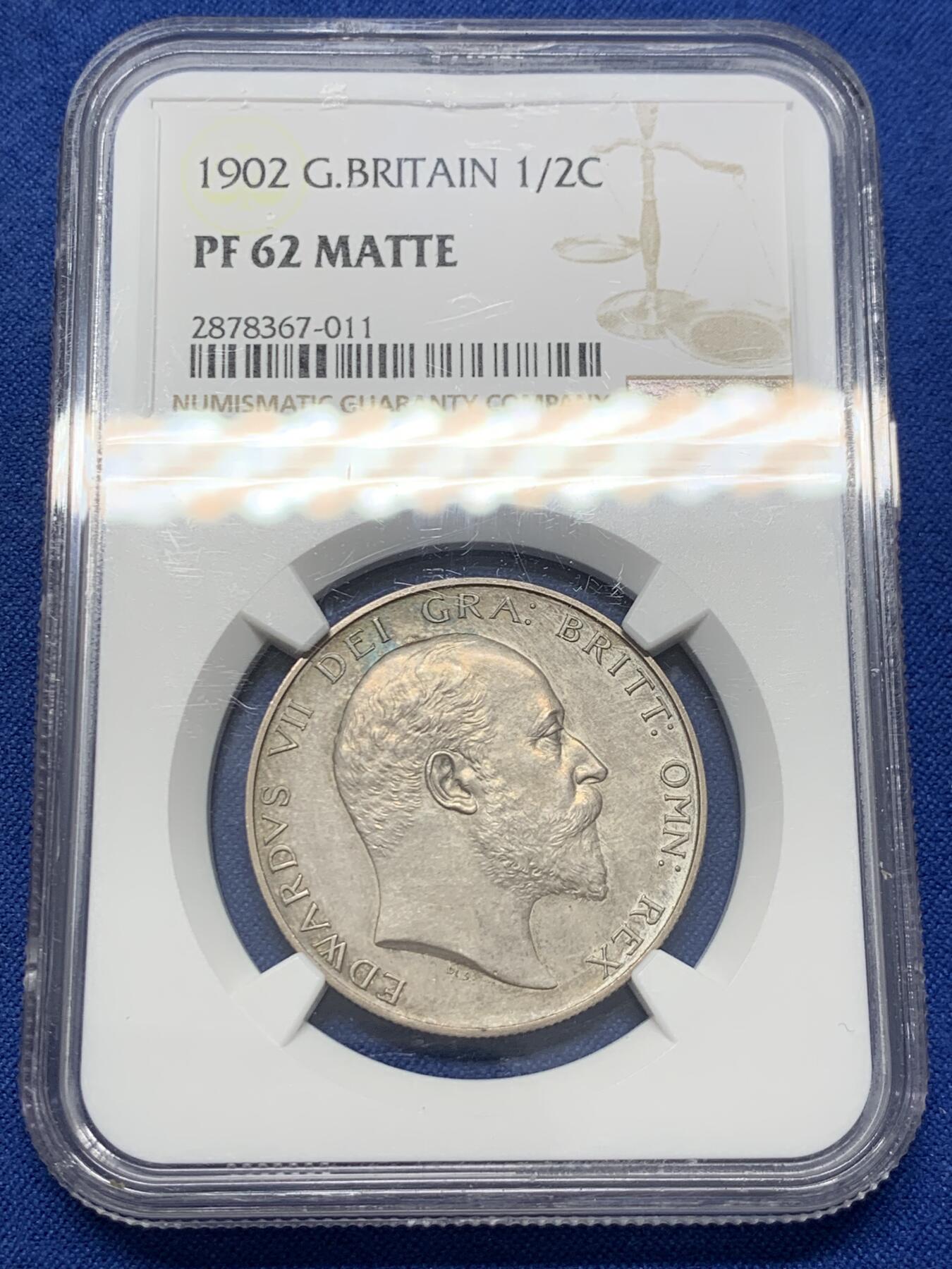 《竞宝斋》第436场 周日，周一2场连拍 （全场包邮） NGC PF62MATTE 英国1902年爱德华七世精制半克朗银币 磨砂工艺 原味状态