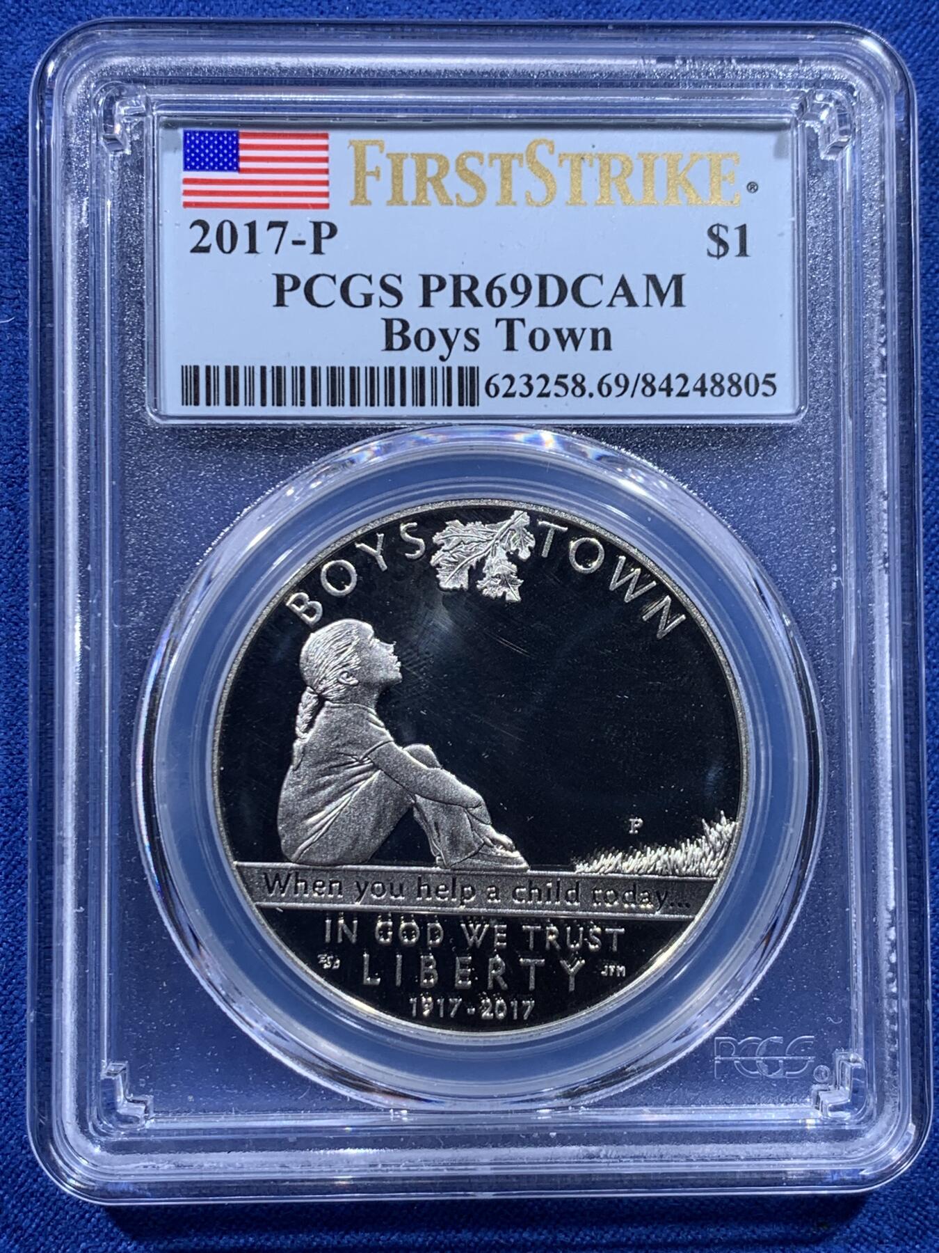 《竞宝斋》第436场 周日，周一2场连拍 （全场包邮） PCGS PR69DCAM 美国2017年男孩镇建立百年1美元纪念银币，2019年克劳斯世界硬币大赛-最富激情币 亚军分 性价比极高