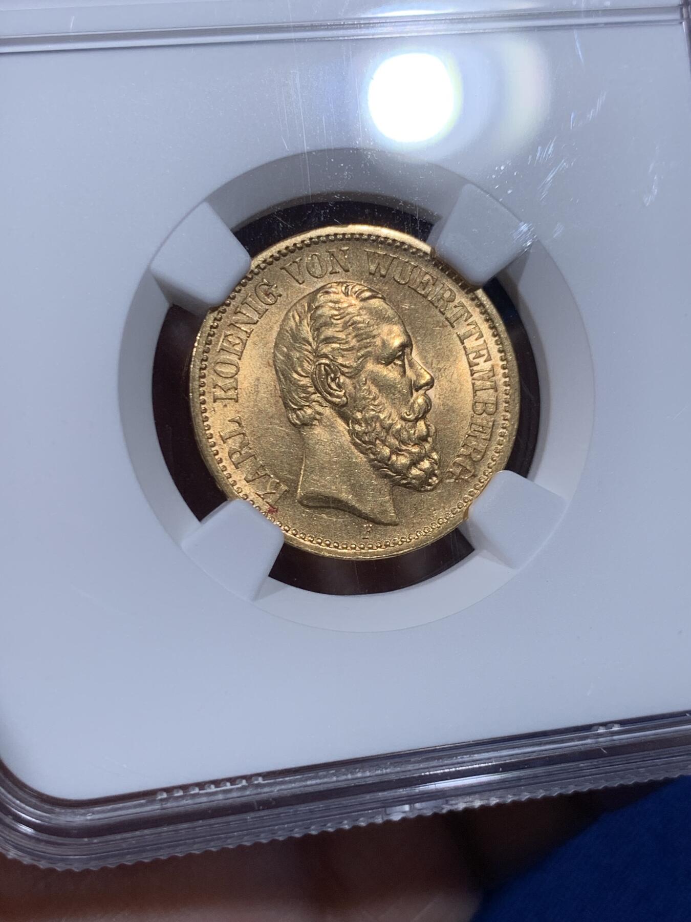 《竞宝斋》第436场 周日，周一2场连拍 （全场包邮） NGC MS63 德国1873符腾堡20马克金币 转光高分 可藏