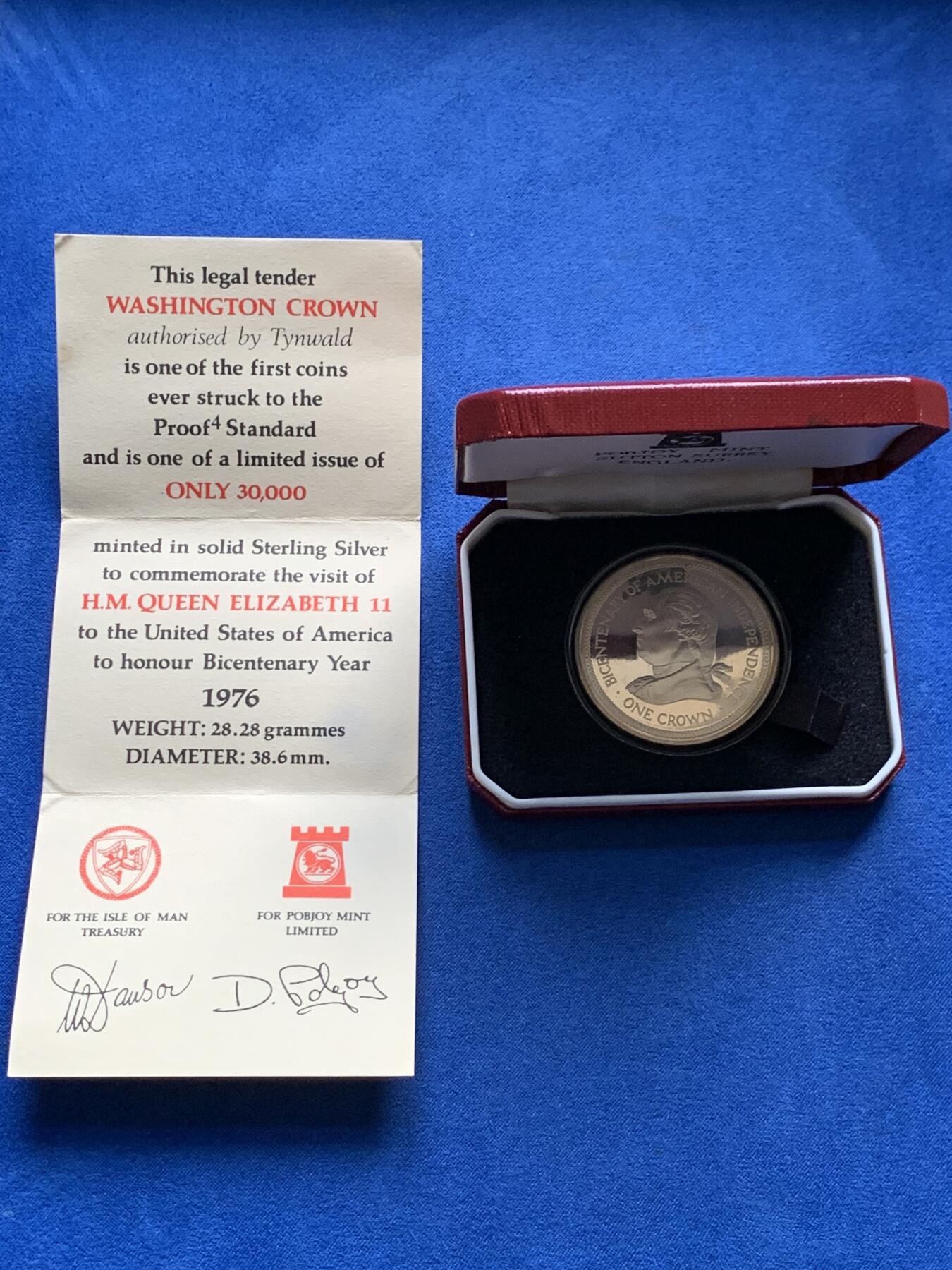 《竞宝斋》第436场 周日，周一2场连拍 （全场包邮） 马恩岛1976年美国独立200周年1克朗银币 带盒