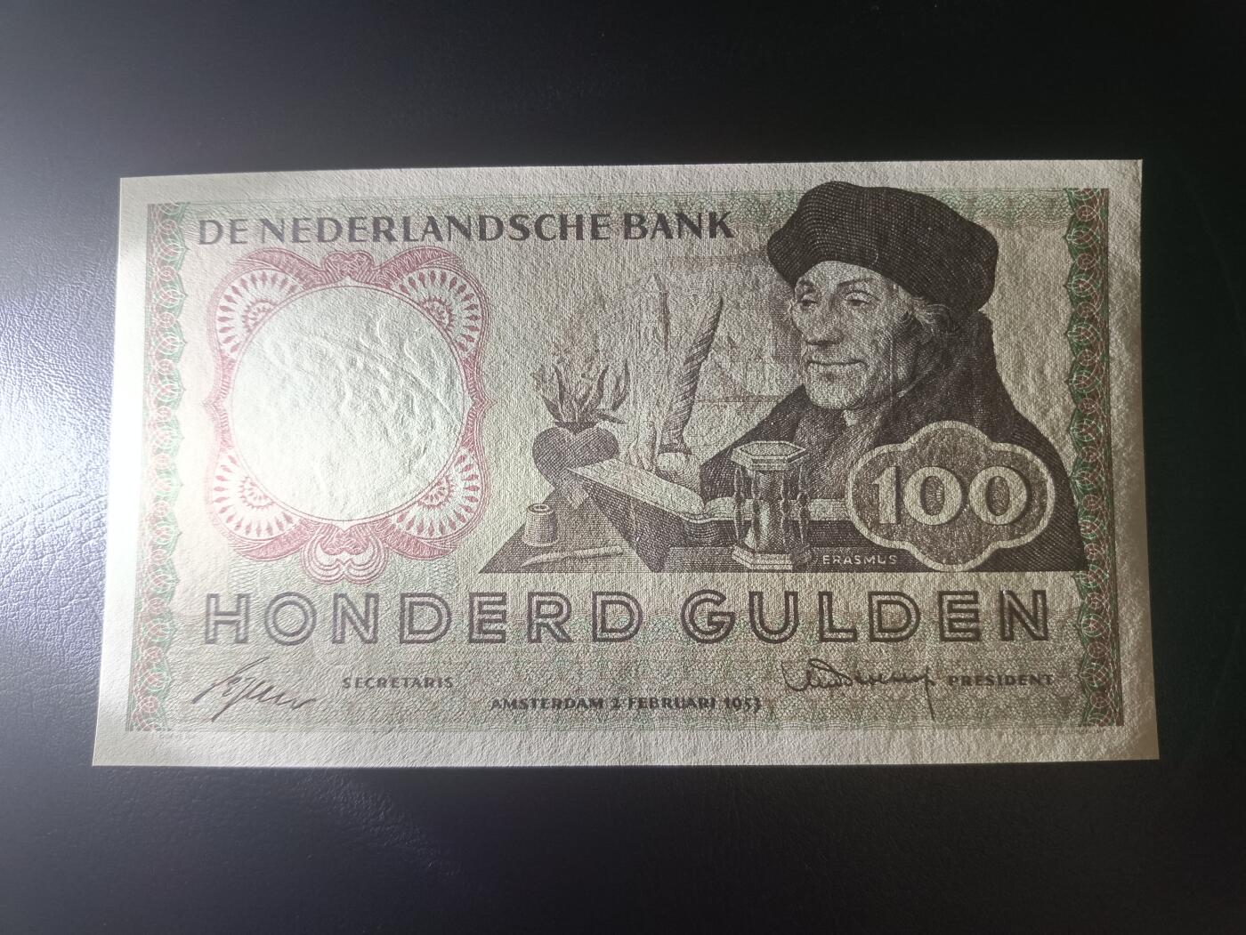 2025十一月第三期，总201期 荷兰1953版100盾AUNC，哲学家伊拉斯谟