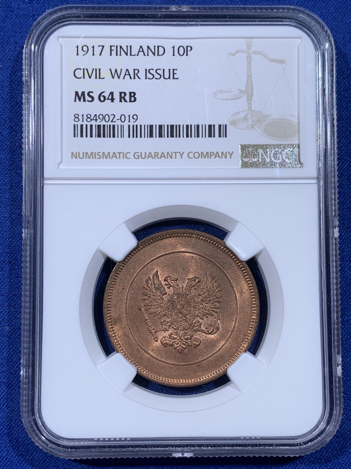 《竞宝斋》第436场 周日，周一2场连拍 （全场包邮） NGC MS64RB 芬兰1917年克伦斯基临时政府10P大铜币，一年型大铜，无冠双头鹰。64高分，RB铜光靓丽。竞宝斋此前64BN同品种355元不含佣成交