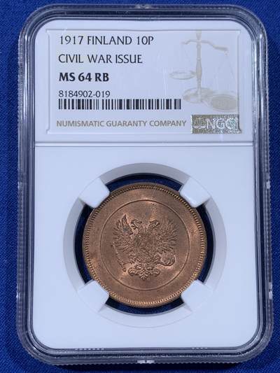 《竞宝斋》第436场 周日，周一2场连拍 （全场包邮） - NGC MS64RB 芬兰1917年克伦斯基临时政府10P大铜币，一年型大铜，无冠双头鹰。64高分，RB铜光靓丽。竞宝斋此前64BN同品种355元不含佣成交