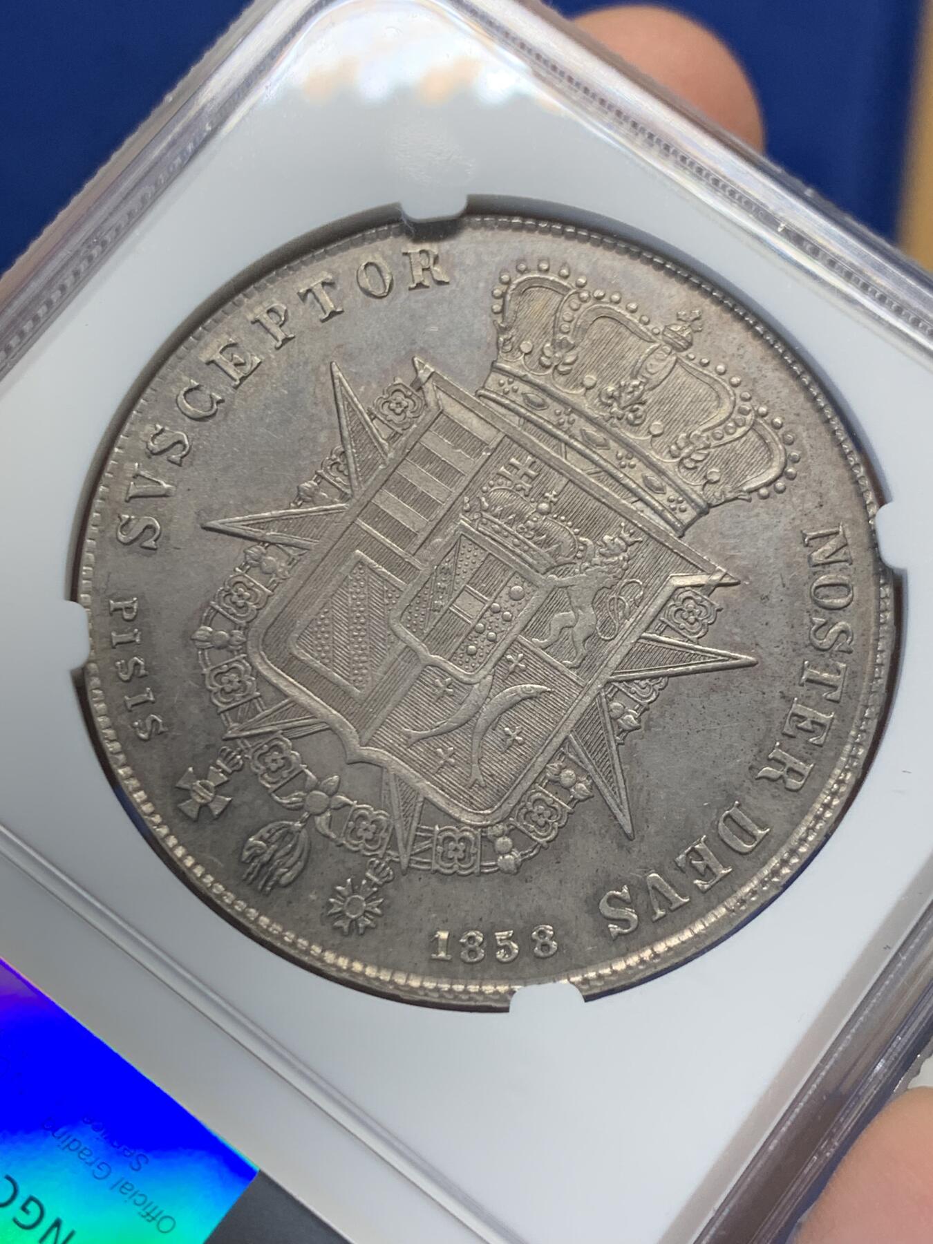 《竞宝斋》第436场 周日，周一2场连拍 （全场包邮） NGC UNCD 意大利1858年托斯卡纳利奥波德二世1菲奥里尼大银币