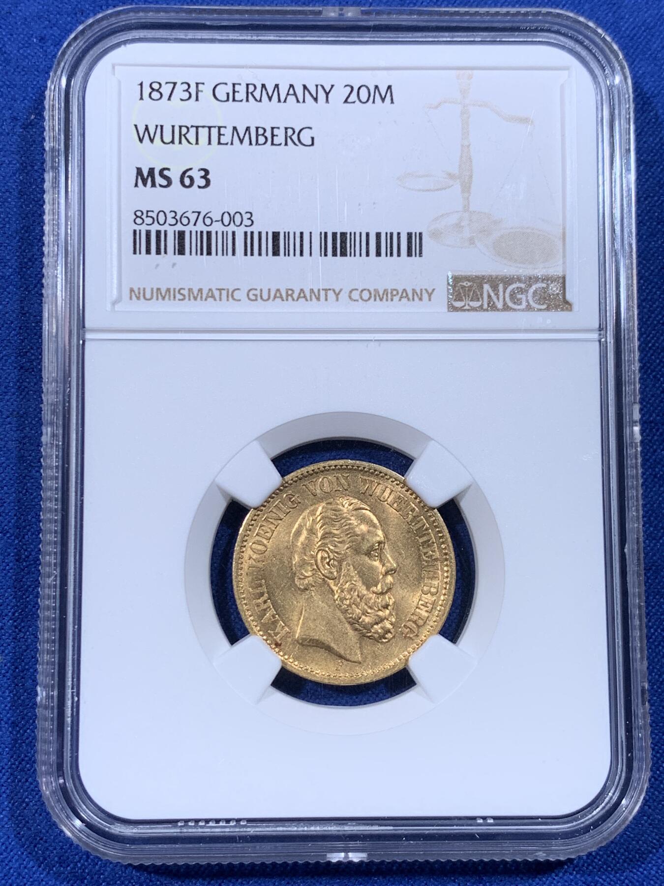 《竞宝斋》第436场 周日，周一2场连拍 （全场包邮） NGC MS63 德国1873符腾堡20马克金币 转光高分 可藏