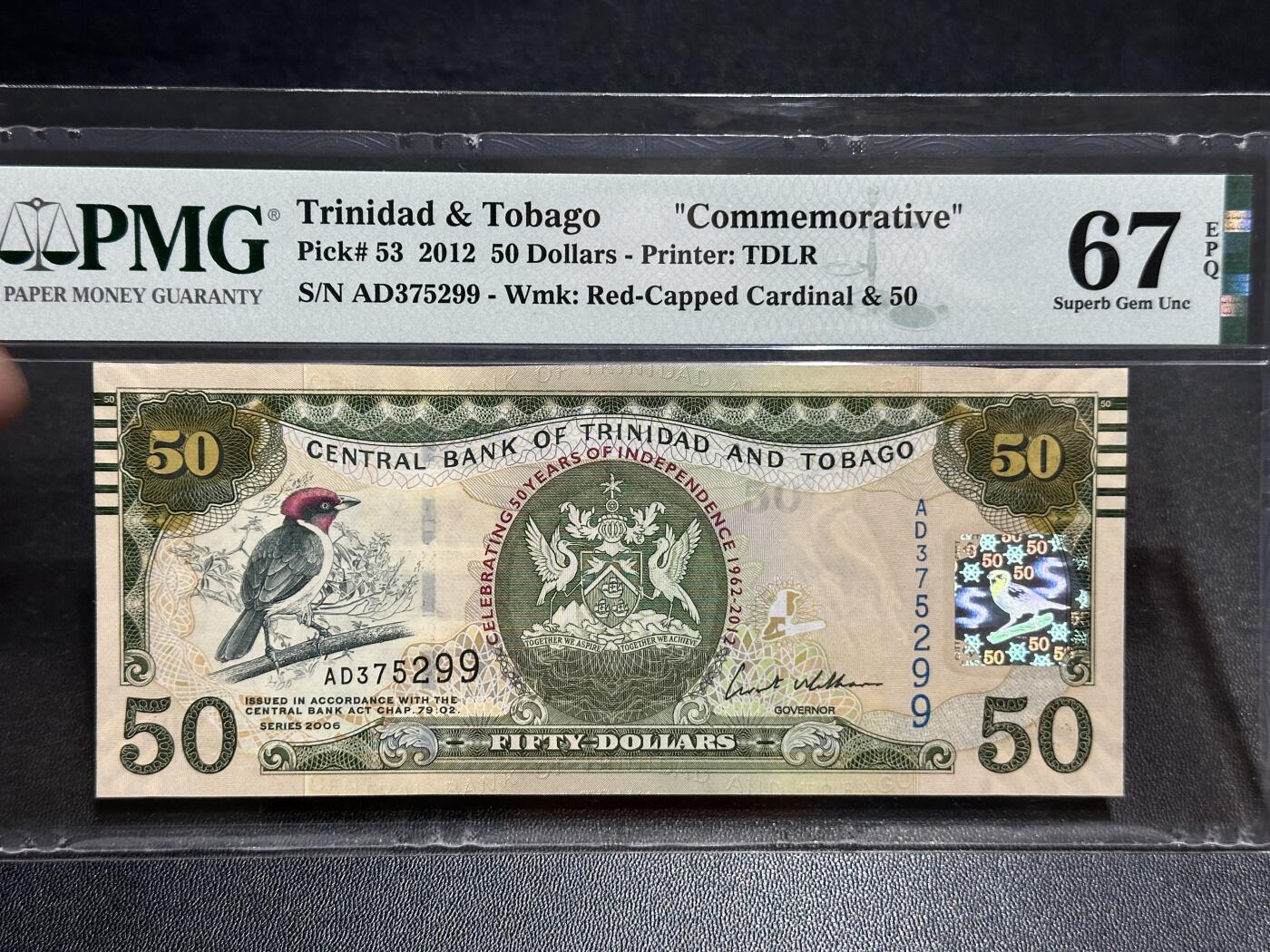 《外钞收藏家》第五百八十三期（精选场）（本期拍品丰富）（本平台长期征集拍品、欢迎藏友们联系合作） 2012年特里达尼亚和多巴哥50 纪念钞 PMG67