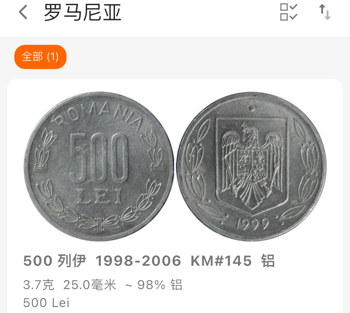 回流1115 罗马尼亚1999年500列伊铝制硬币 字边 