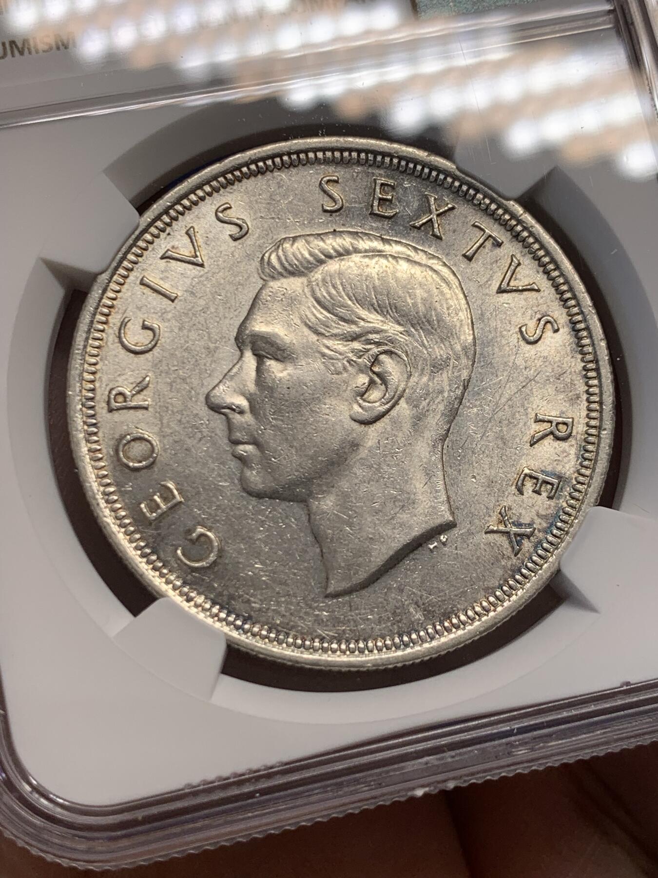 《竞宝斋》第436场 周日，周一2场连拍 （全场包邮） NGC AU58 南非1949年乔治六世羚羊5先令银币