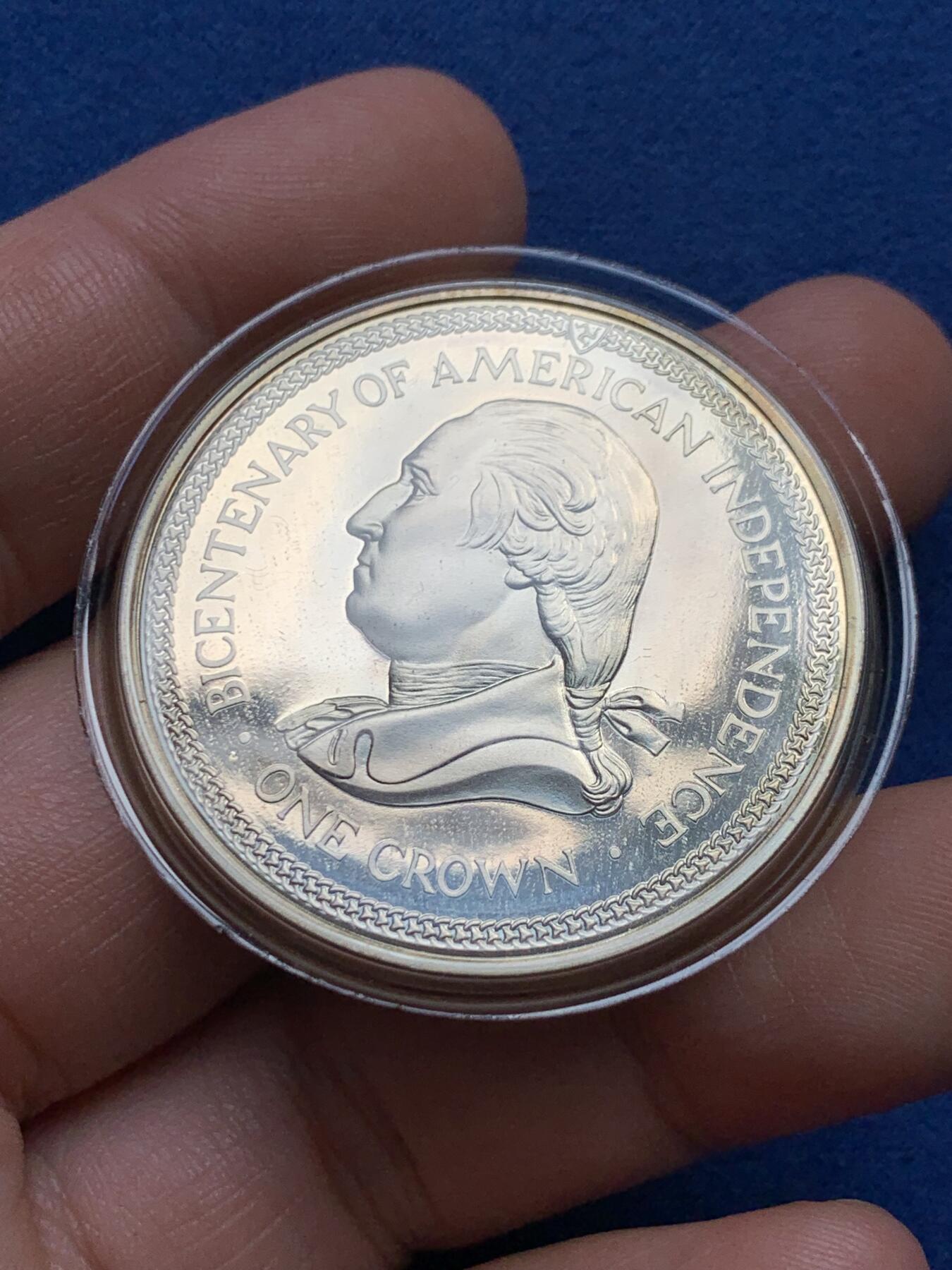 《竞宝斋》第436场 周日，周一2场连拍 （全场包邮） 马恩岛1976年美国独立200周年1克朗银币 带盒