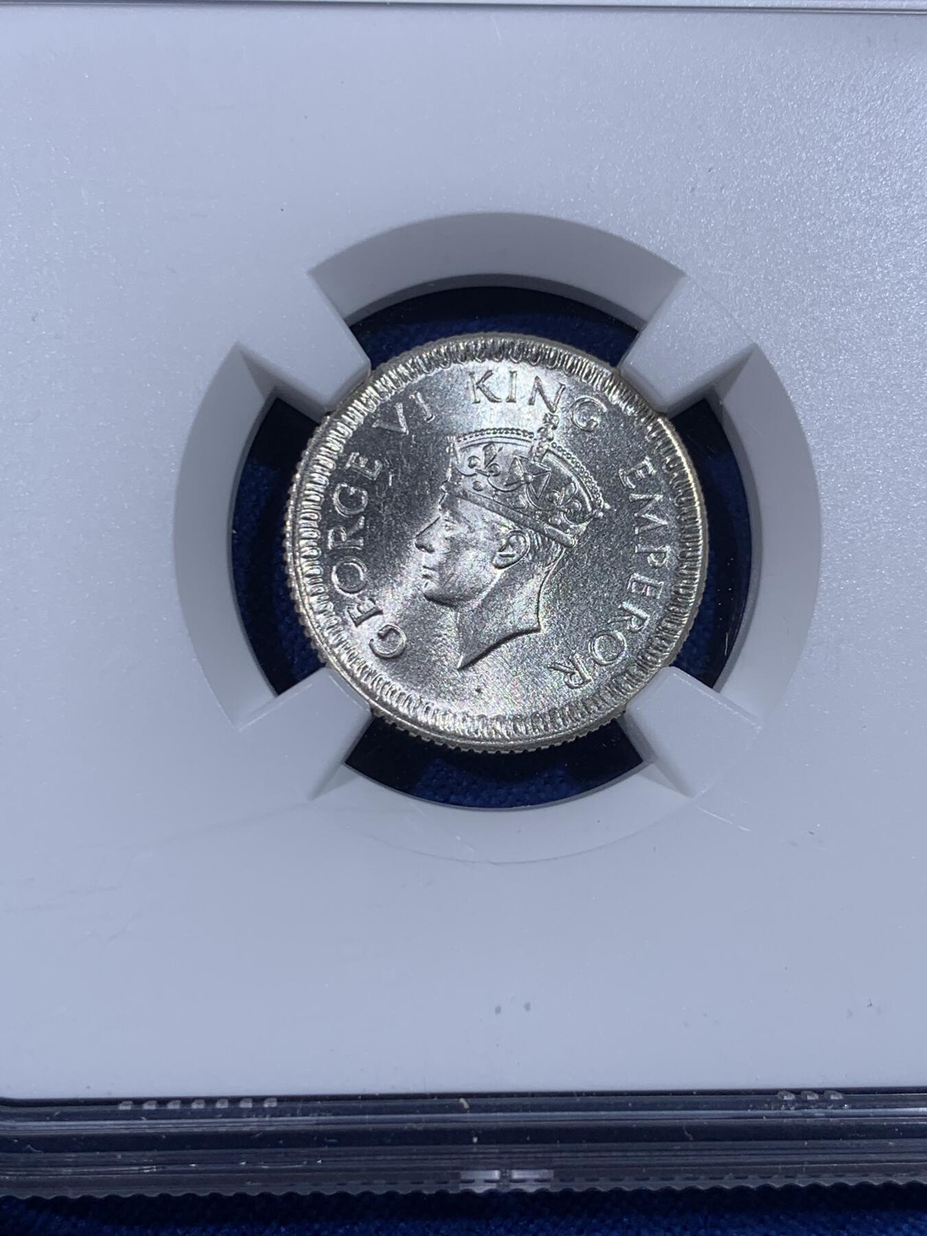 《竞宝斋》第436场 周日，周一2场连拍 （全场包邮） NGC MS64 英属印度1942年乔治六世1/4卢比银币 卷拆原光