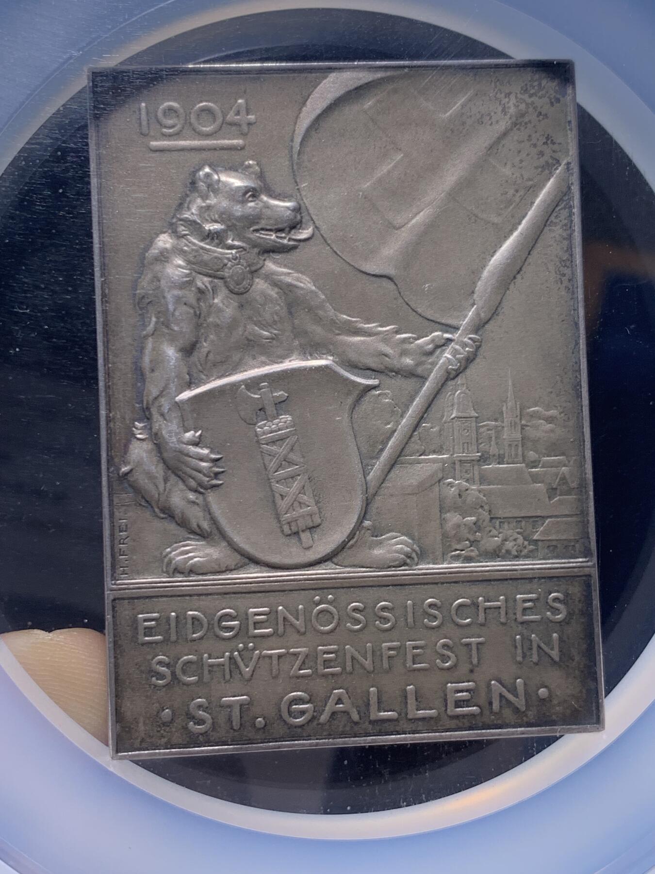 《竞宝斋》第436场 周日，周一2场连拍 （全场包邮） NGC MS64 瑞士1904年圣加伦射击节银章，45x63mm，加大加厚盒。