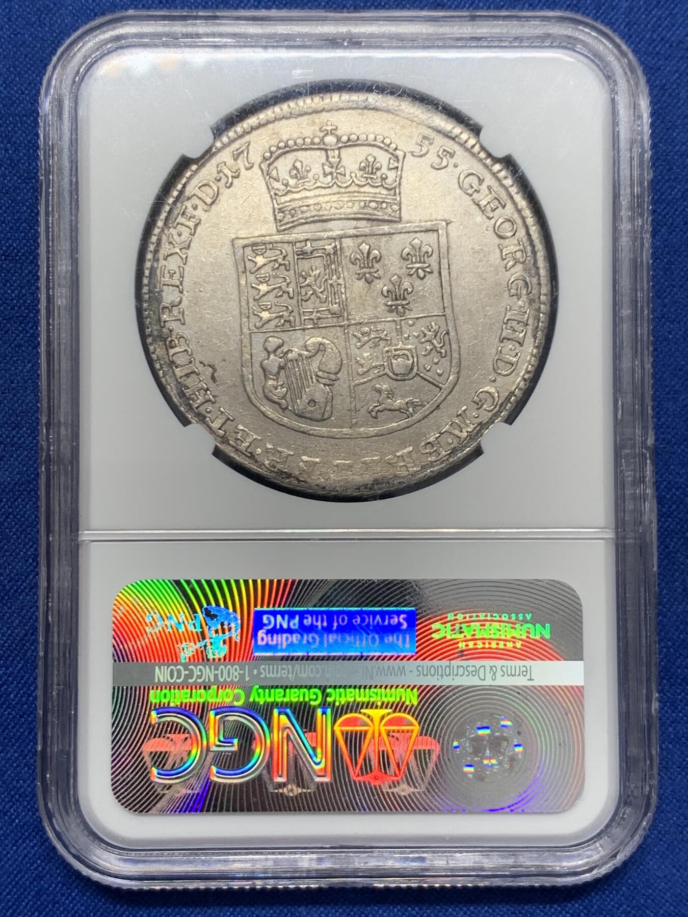 《竞宝斋》第436场 周日，周一2场连拍 （全场包邮） NGC AU55 德国1755年布伦瑞克 吕内堡 乔治三世泰勒大银币 1714年汉诺威选帝侯乔治一世依据《嗣位法》继承英国王位，而汉诺威王室源之于德国13世纪的吕内堡公爵，因此背后的徽章带有英伦的风格，这在德国泰勒当中不多见的。