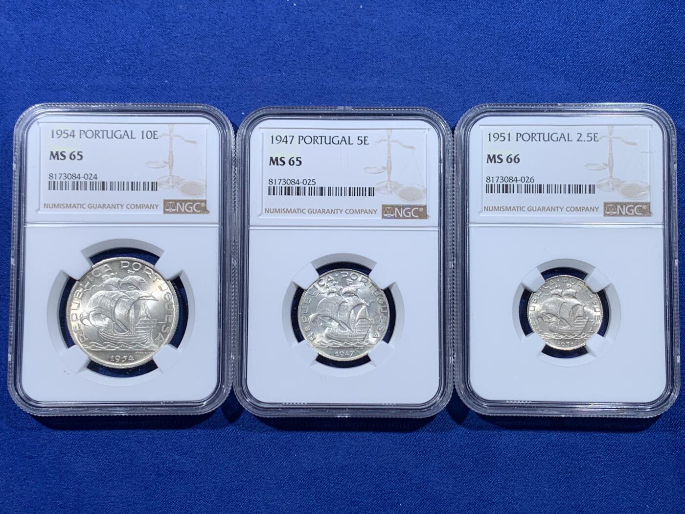 《竞宝斋》第436场 周日，周一2场连拍 （全场包邮） 三枚一组 NGC MS65/66 葡萄牙 1954/1947/1951年 帆船辅币 10/5/2.5埃斯库多银币
