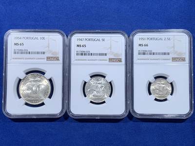 《竞宝斋》第436场 周日，周一2场连拍 （全场包邮） - 三枚一组 NGC MS65/66 葡萄牙 1954/1947/1951年 帆船辅币 10/5/2.5埃斯库多银币