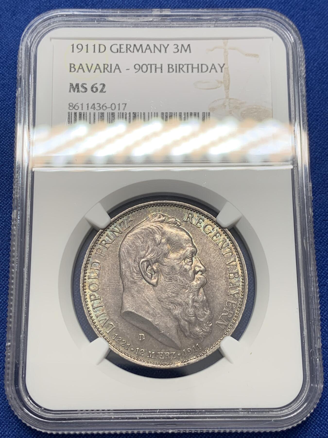 《竞宝斋》第436场 周日，周一2场连拍 （全场包邮） NGC MS62 德国巴伐利亚 1911年 柳特波德 3马克 银币