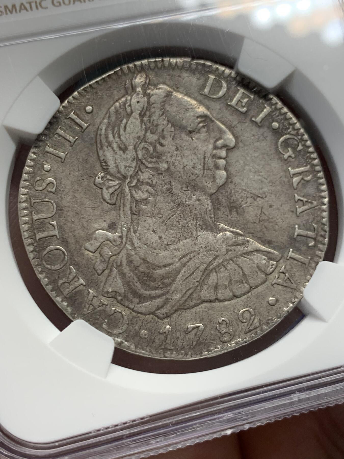 《竞宝斋》第436场 周日，周一2场连拍 （全场包邮） NGC XFD 西属墨西哥 1782年 8里亚尔 卡洛斯三世MO FF版双柱大银币 打制的很好 品相佳