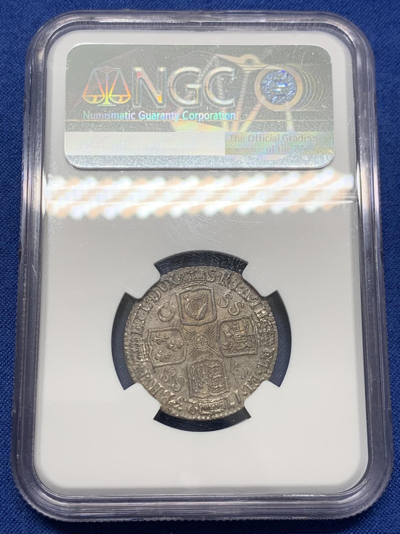 《竞宝斋》第436场 周日，周一2场连拍 （全场包邮） NGC MS63 英国 1723年 乔治一世SSC一先令银币 原味深包浆 高点清晰 难得状态