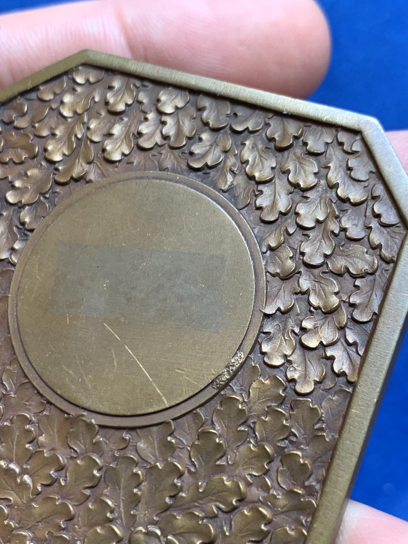 《竞宝斋》第436场 周日，周一2场连拍 （全场包邮） 法国天使大牌匾，极少见品种，法国著名雕刻家FRAISSE作品。品相极美，赏心悦目。直径：63*53mm，重：103g，三角铜标边铭，双面高浮雕，细节犀利，带原盒。