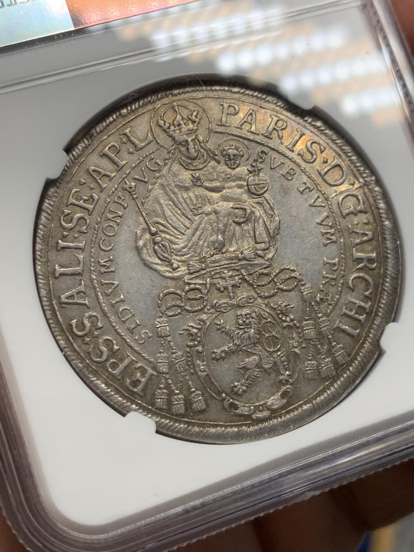 《竞宝斋》第436场 周日，周一2场连拍 （全场包邮） 唯一亚军分 NGC MS61 神圣罗马帝国 1644年 萨尔茨堡抱婴泰勒大银币 深打 反正面人物全脸 包浆也同样漂亮