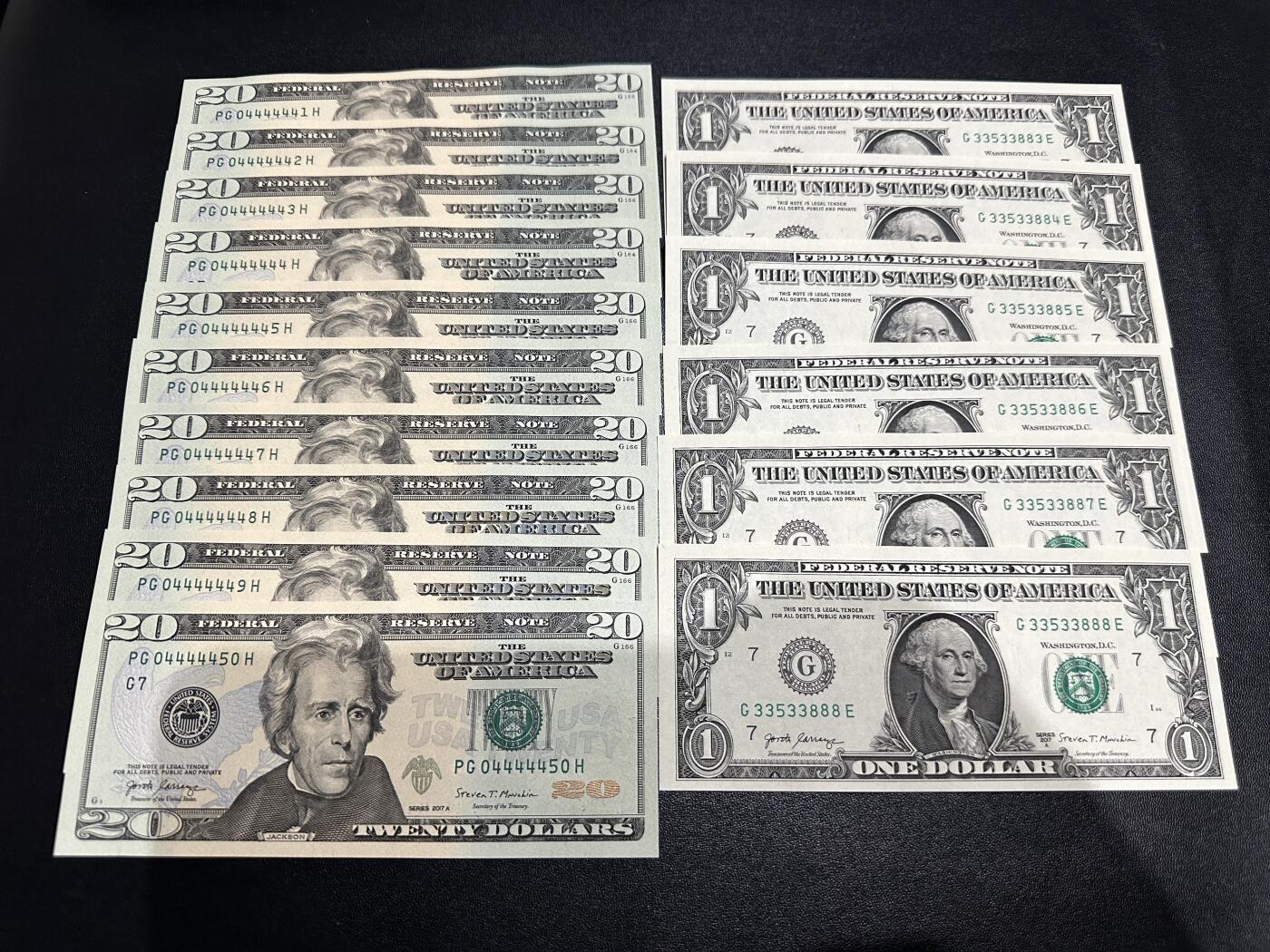 《外钞收藏家》第五百八十三期（精选场）（本期拍品丰富）（本平台长期征集拍品、欢迎藏友们联系合作） 20美和1美：20面值标十含恐龙号+1面值6连小雷达豹子8（20面值居中不错适合评PMG） 全新