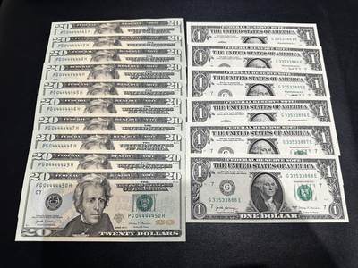 《外钞收藏家》第五百八十三期（精选场）（本期拍品丰富）（本平台长期征集拍品、欢迎藏友们联系合作） - 20美和1美：20面值标十含恐龙号+1面值6连小雷达豹子8（20面值居中不错适合评PMG） 全新