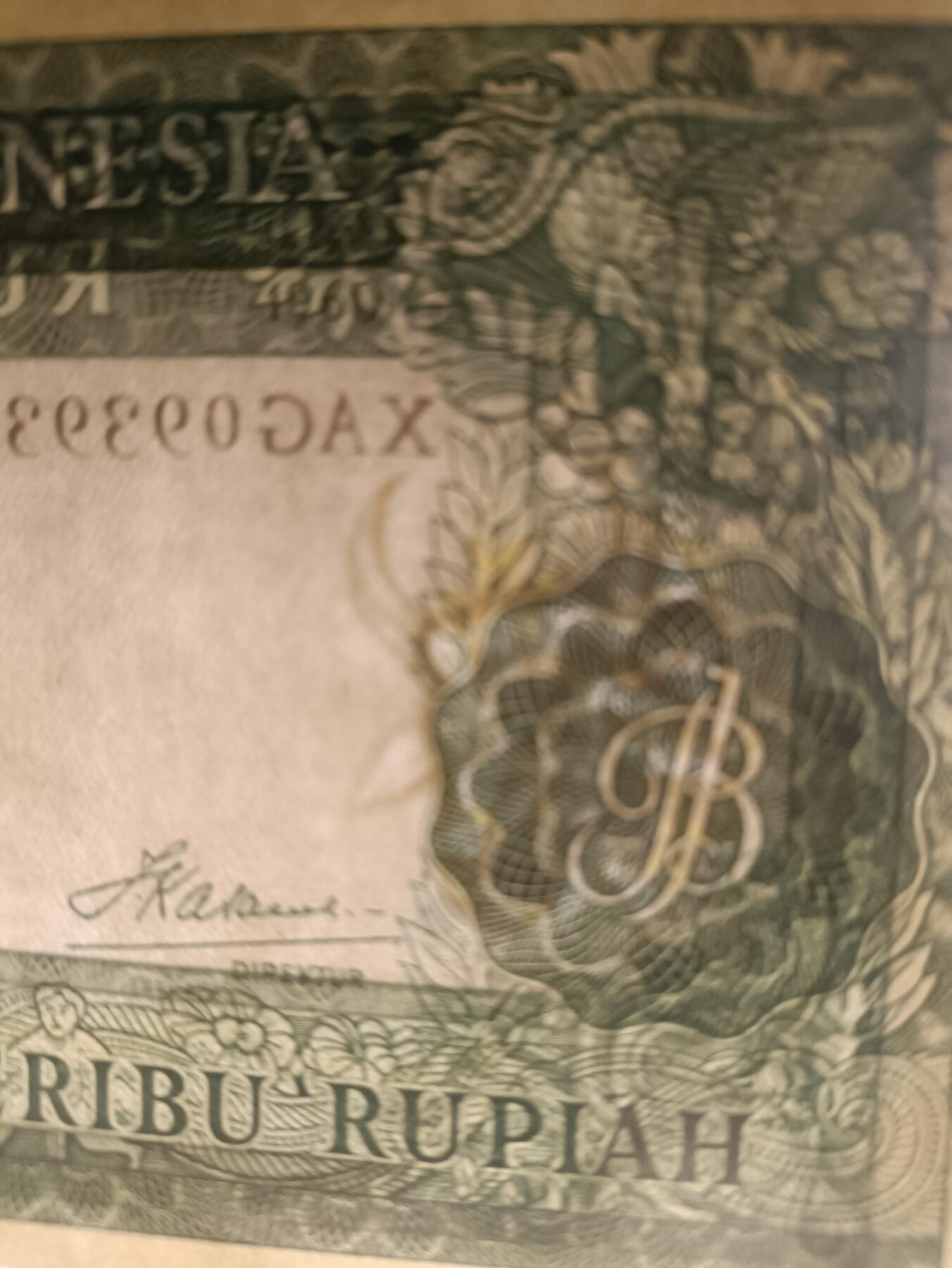 2025十一月第三期，总201期 印度尼西亚1960版1000卢比AUNC无47，稀有补号X前缀，水牛水印错版大偏移