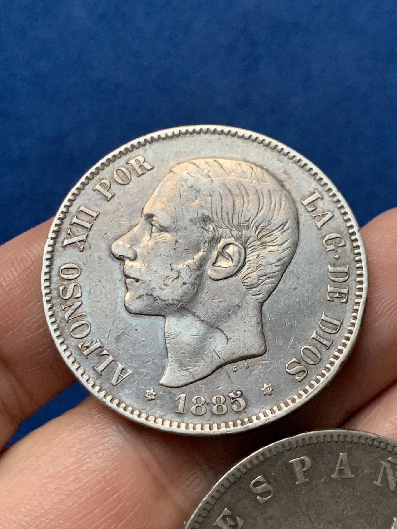 《竞宝斋》第436场 周日，周一2场连拍 （全场包邮） 两枚一组 西班牙1883年阿方索十二世 + 1870年拿花 5比塞塔大银币