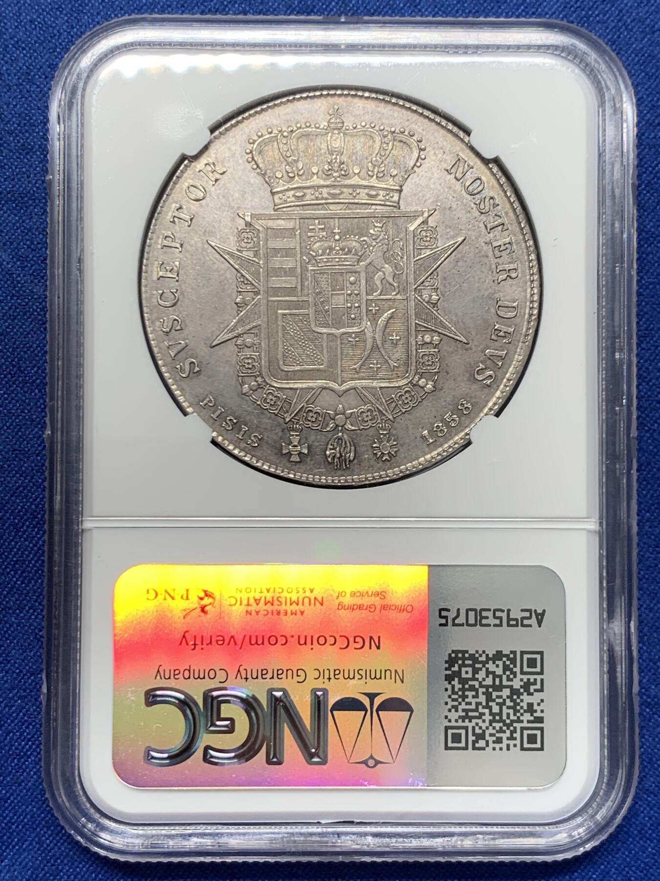 《竞宝斋》第436场 周日，周一2场连拍 （全场包邮） NGC UNCD 意大利1858年托斯卡纳利奥波德二世1菲奥里尼大银币