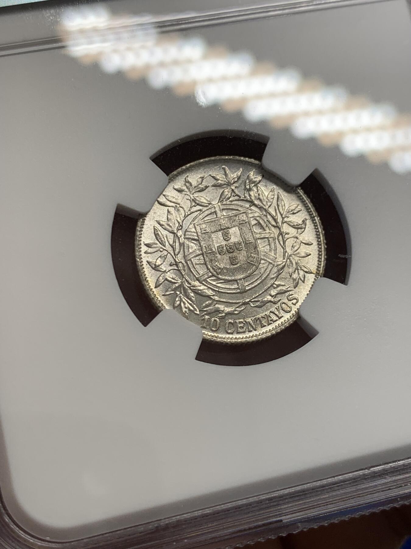 《竞宝斋》第436场 周日，周一2场连拍 （全场包邮） NGC MS63 葡萄牙 1915年 女神 10分银币 卷拆曝光好品