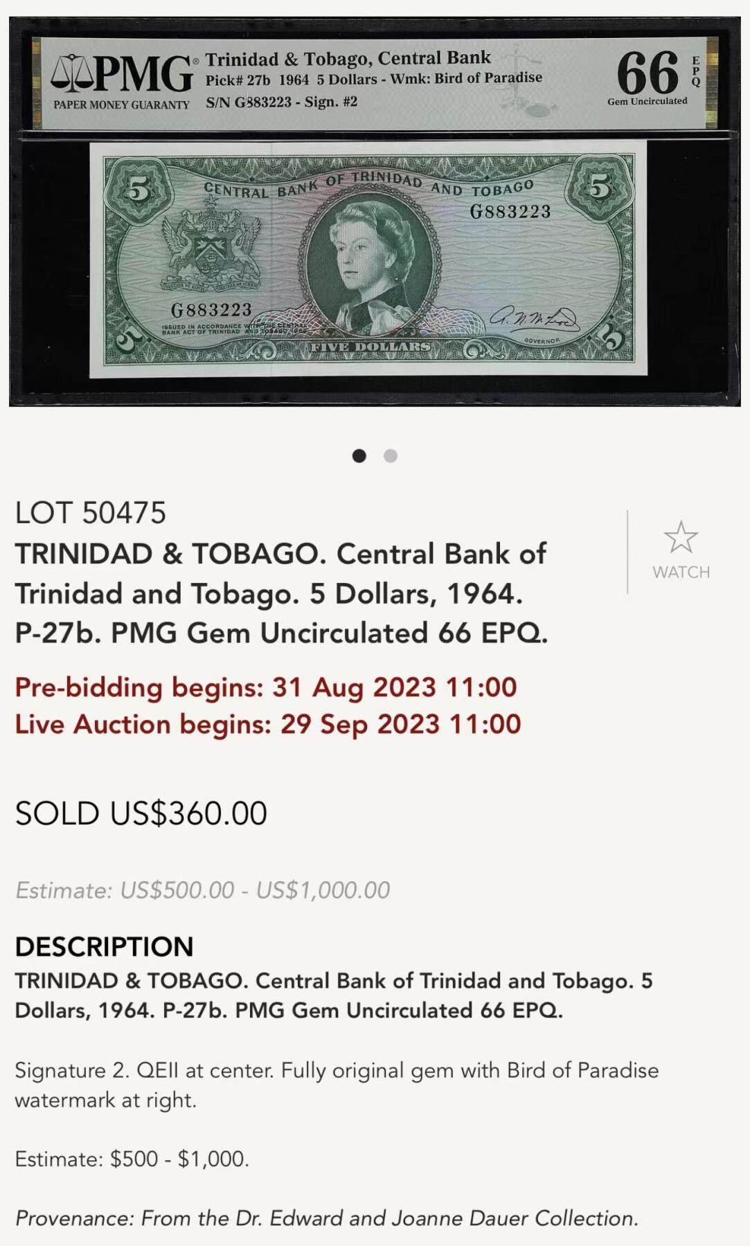 2025十一月第三期，总201期 特立尼达和多巴哥1964版5元UNC-，稀有女王头像序列中高面值，国徽和央行大楼