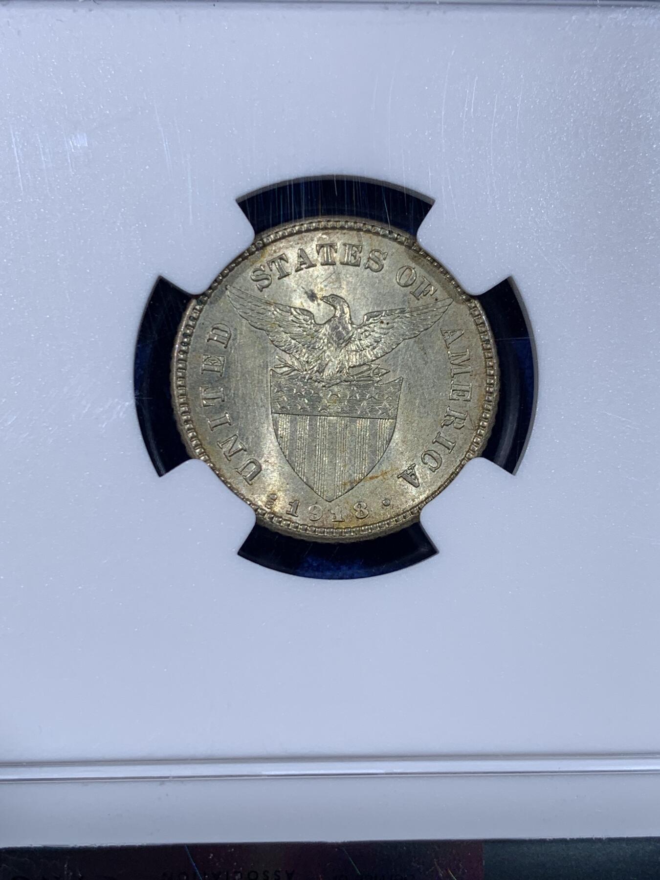 《竞宝斋》第436场 周日，周一2场连拍 （全场包邮） NGC MS64 美属菲律宾1918年20分银币，稀少的早期年份高分，季军分，价格远远高于后期常见的1945年版本