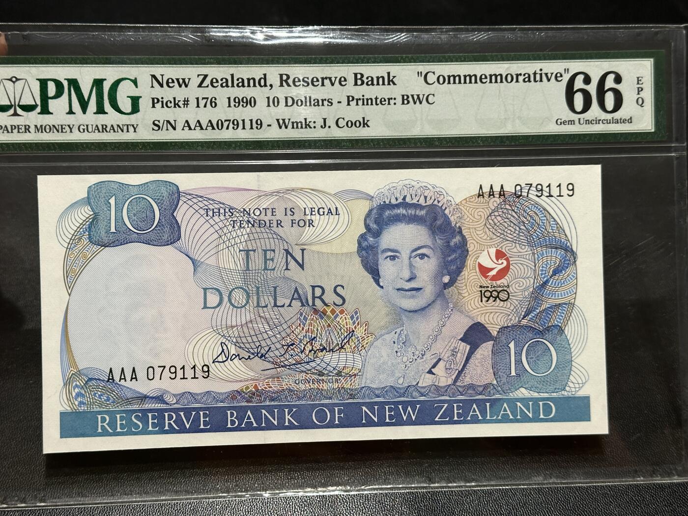 《外钞收藏家》第五百八十三期（精选场）（本期拍品丰富）（本平台长期征集拍品、欢迎藏友们联系合作） 1990年新西兰10元 纪念钞 PMG66 AAA冠 BWC版
