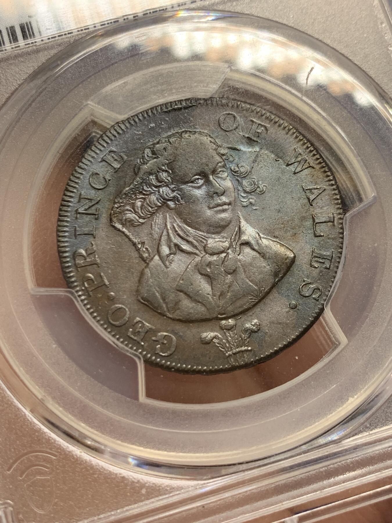 《竞宝斋》第436场 周日，周一2场连拍 （全场包邮） PCGS MS63BN 英国1790年 乔治四世-威尔士亲王1/2便士，背面是代表王储的盾徽，双面靛紫色包浆特别漂亮。Middlesex 区域使用。非常少见。