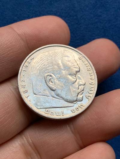 《竞宝斋》第436场 周日，周一2场连拍 （全场包邮） - 德国 1935年 兴登堡 5马克 银币 G厂 厂标少见！