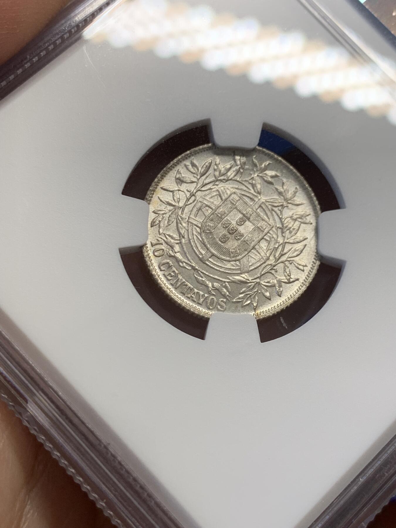 《竞宝斋》第436场 周日，周一2场连拍 （全场包邮） NGC MS63 葡萄牙 1915年 女神 10分银币 卷拆曝光好品