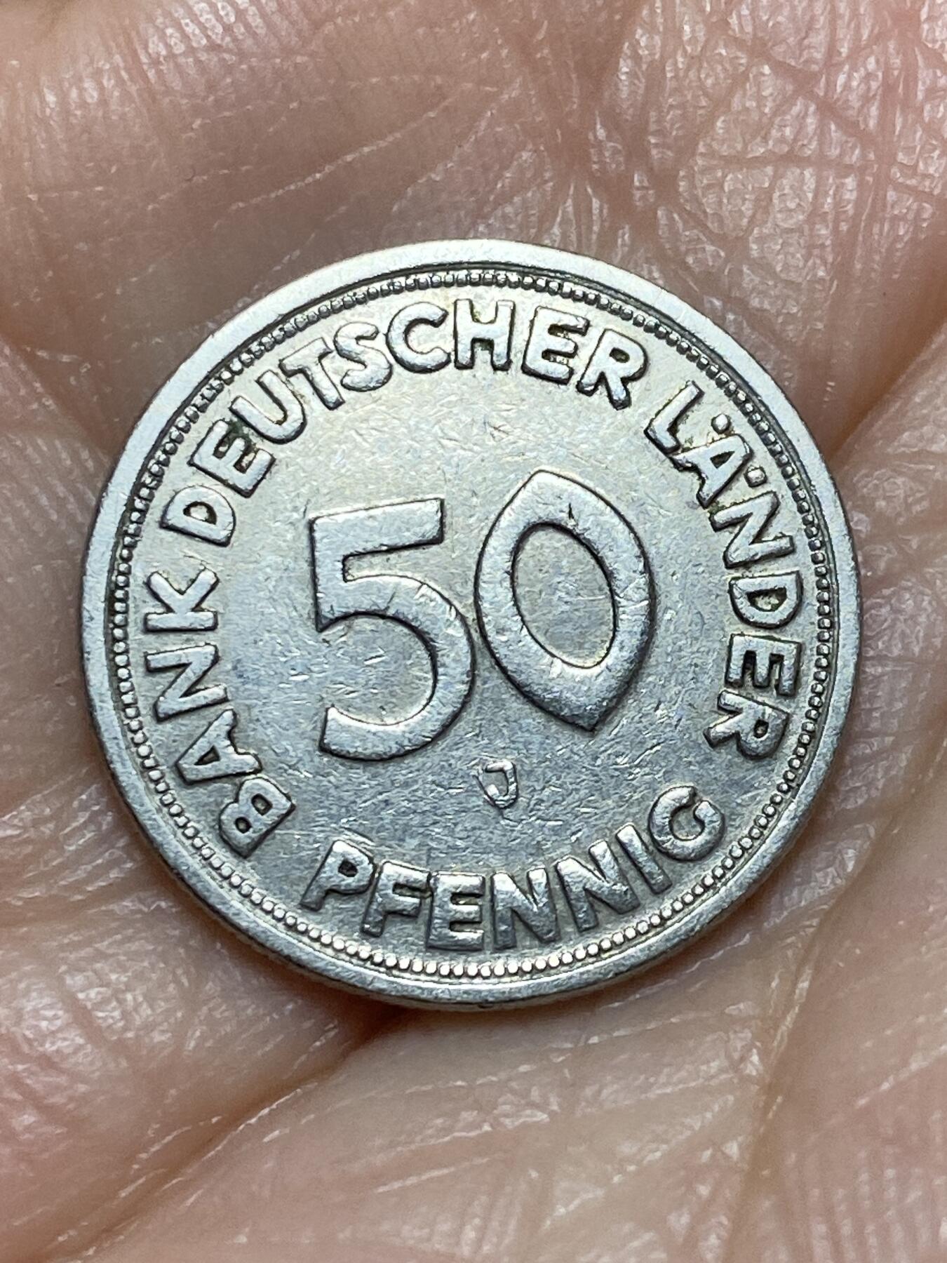 2025年第一百二十六场(总第一百五十二场）外国好品散币(免佣金) 德国🇩🇪1949年50芬尼(Bank 银行版，J标汉堡造)