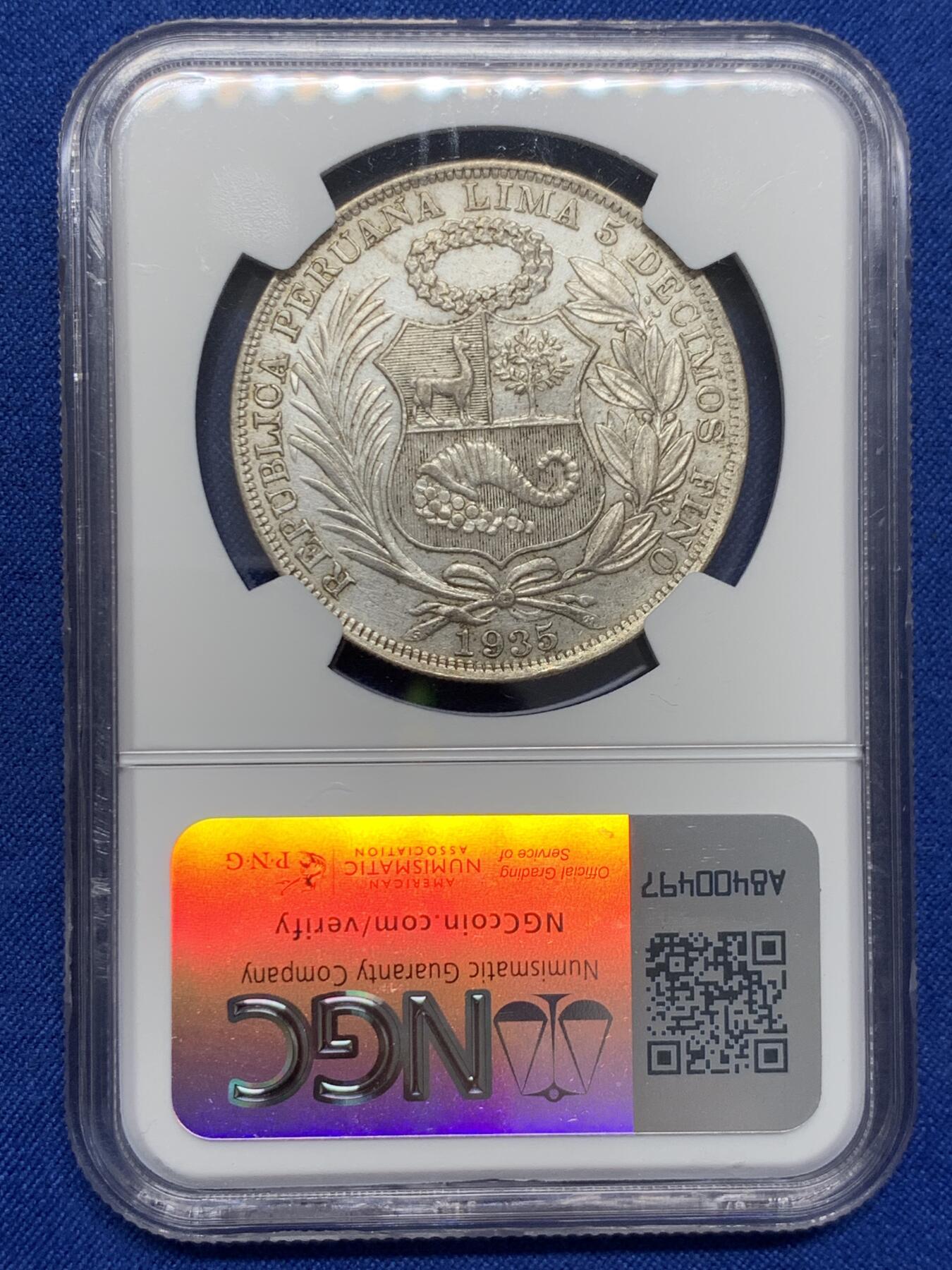 《竞宝斋》第436场 周日，周一2场连拍 （全场包邮） NGC AUD 秘鲁 1935年 女神 1索尔 银币