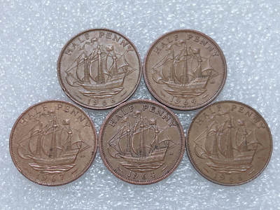 第一海外回流一元起拍收藏 散集专场  第264期 - 英国女王版60年代半便士硬币 5枚 好品