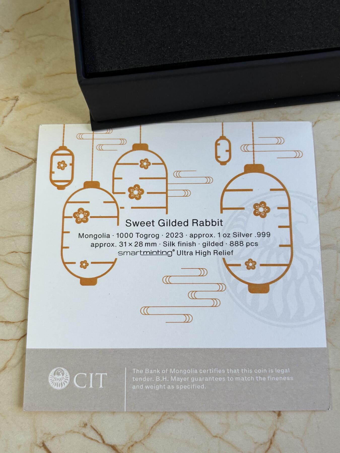 第181期拍卖 蒙古2023年中国生肖系列兔年1盎司镀金纪念银币，999银，发行888枚